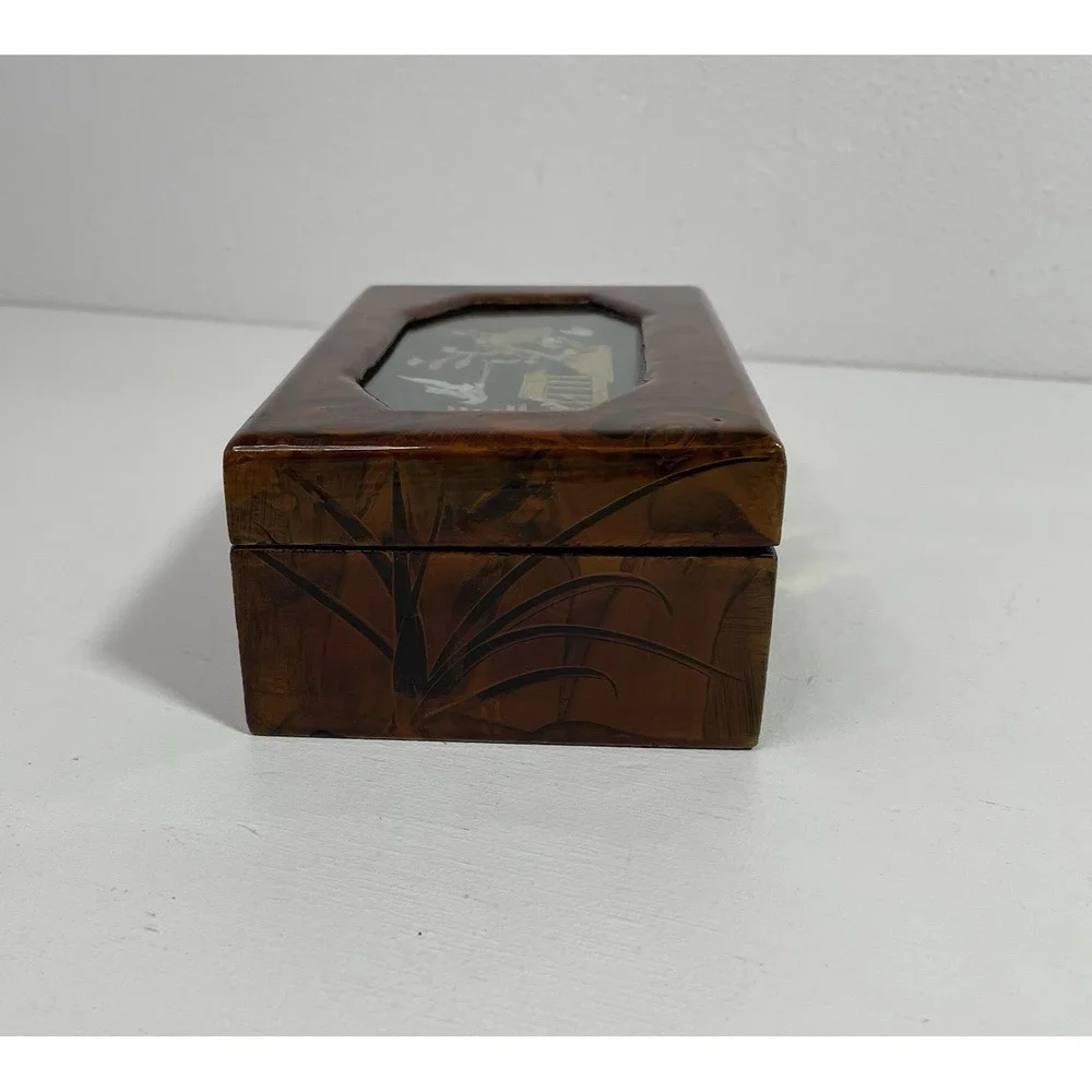 VTG Carved Crane Glazed Wooden Jewelry Trinket Box Red Lining Republic of China